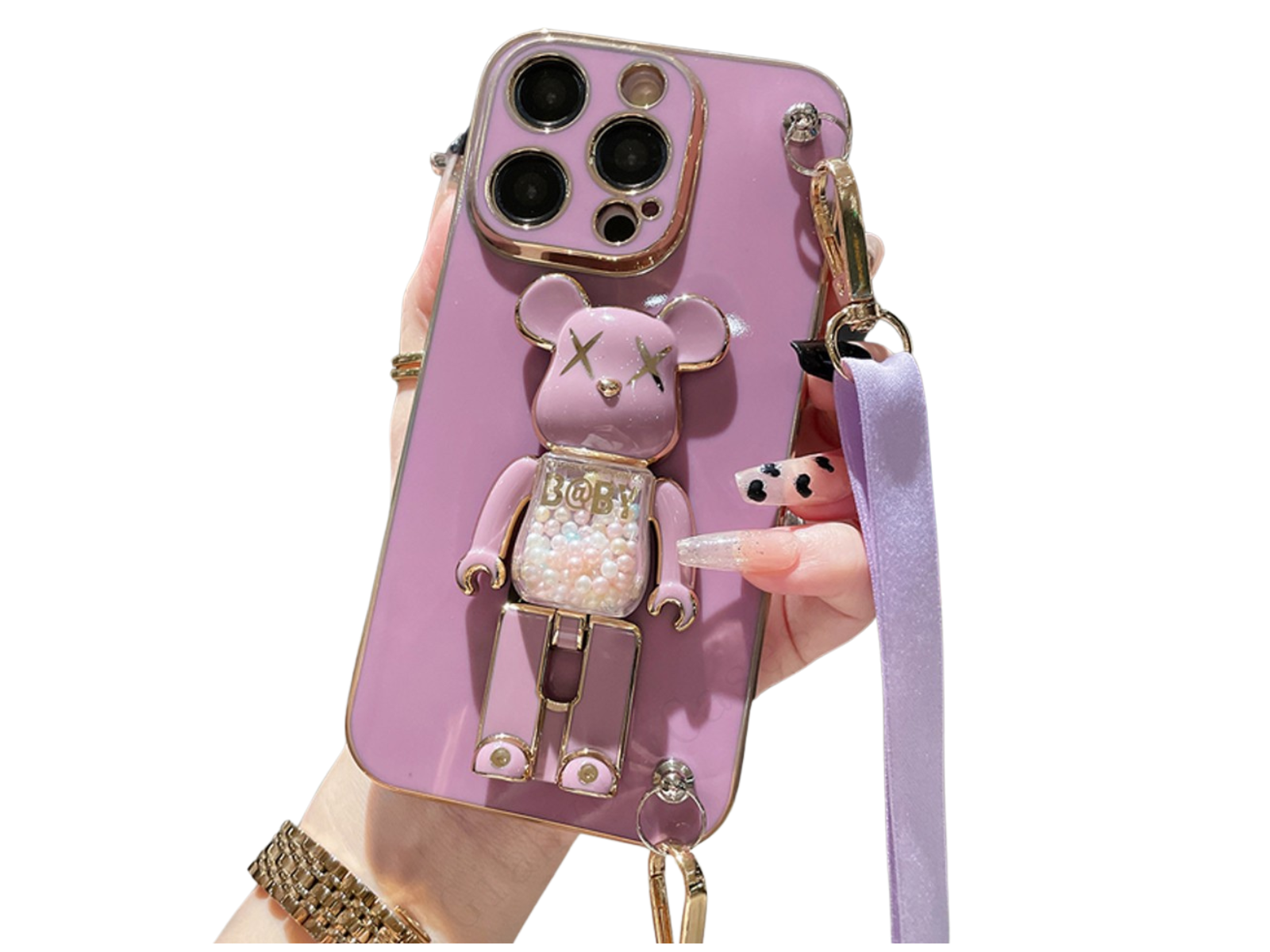 Luxus 3D Bärenhalterung Crossbody Armband mit Riemen & Lanyard iPhone Hülle | MagSafe Case mit Rundumschutz und Kameralinsenschutzabdeckung für Apple iPhone 17/17 Air, 16/16e, 15, 14, 13 Pro Max Plus Cover | Panzertasche Handyhülle | Premium Schutzhülle