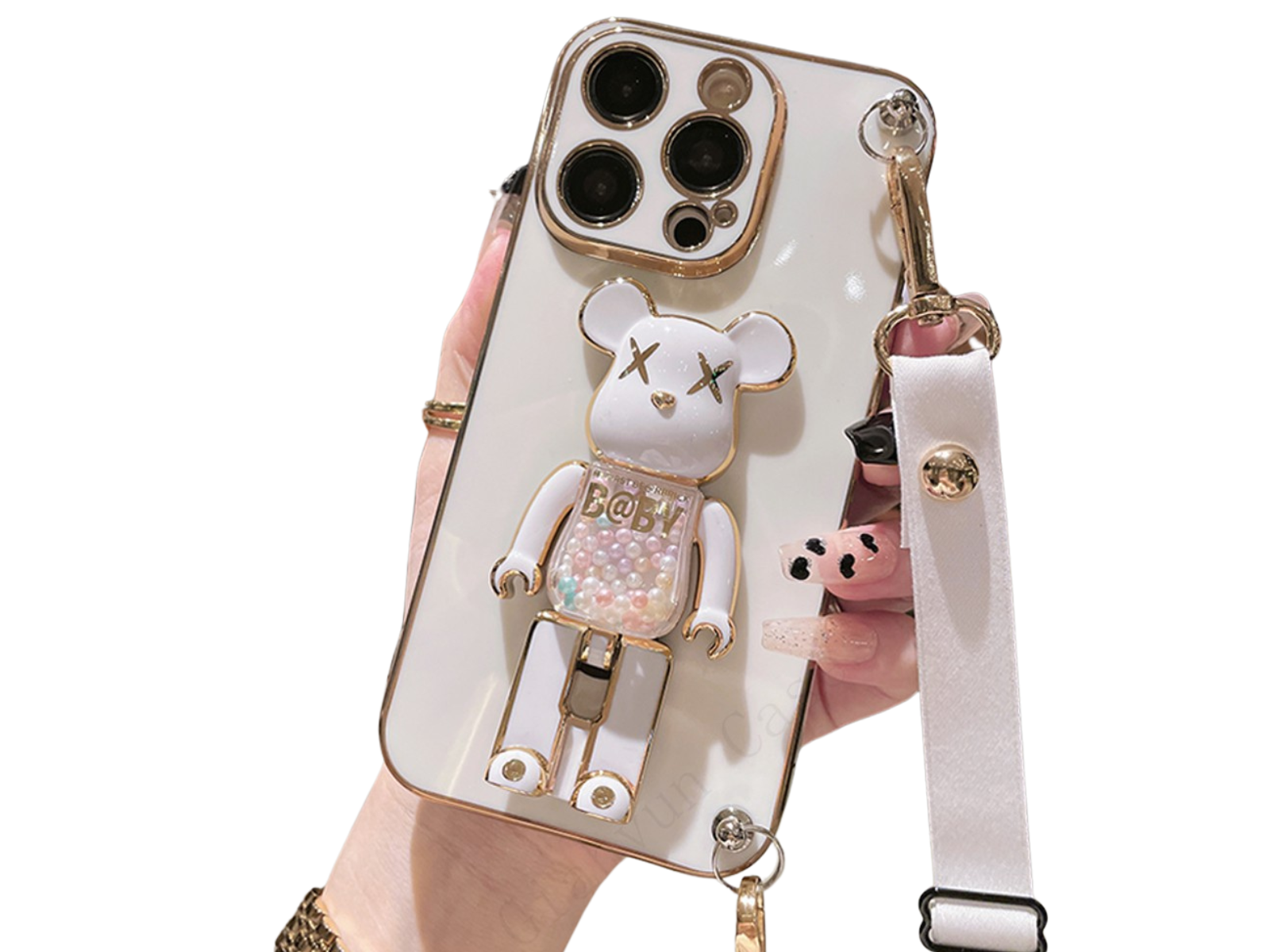 Luxus 3D Bärenhalterung Crossbody Armband mit Riemen & Lanyard iPhone Hülle | MagSafe Case mit Rundumschutz und Kameralinsenschutzabdeckung für Apple iPhone 17/17 Air, 16/16e, 15, 14, 13 Pro Max Plus Cover | Panzertasche Handyhülle | Premium Schutzhülle