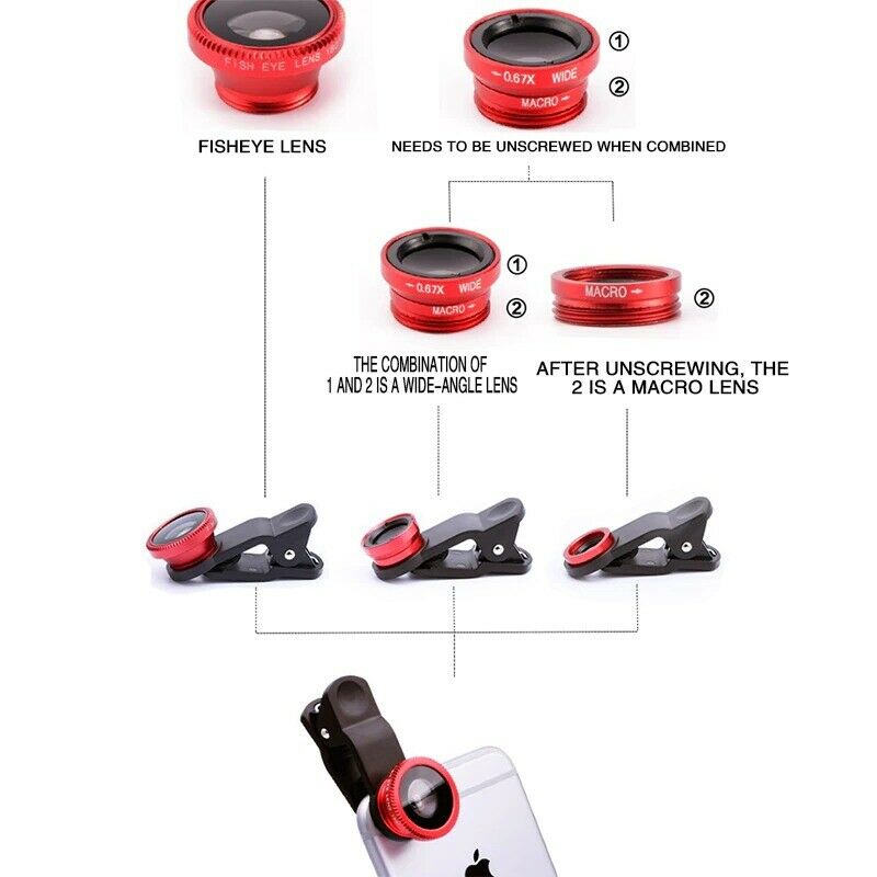 3-in-1 Hochwertiges Fisheye-Telefonobjektiv 0,67X Weitwinkel-Zoom Fish-Makro-Objektiv-Kamera-Kit mit Clip-Objektiv