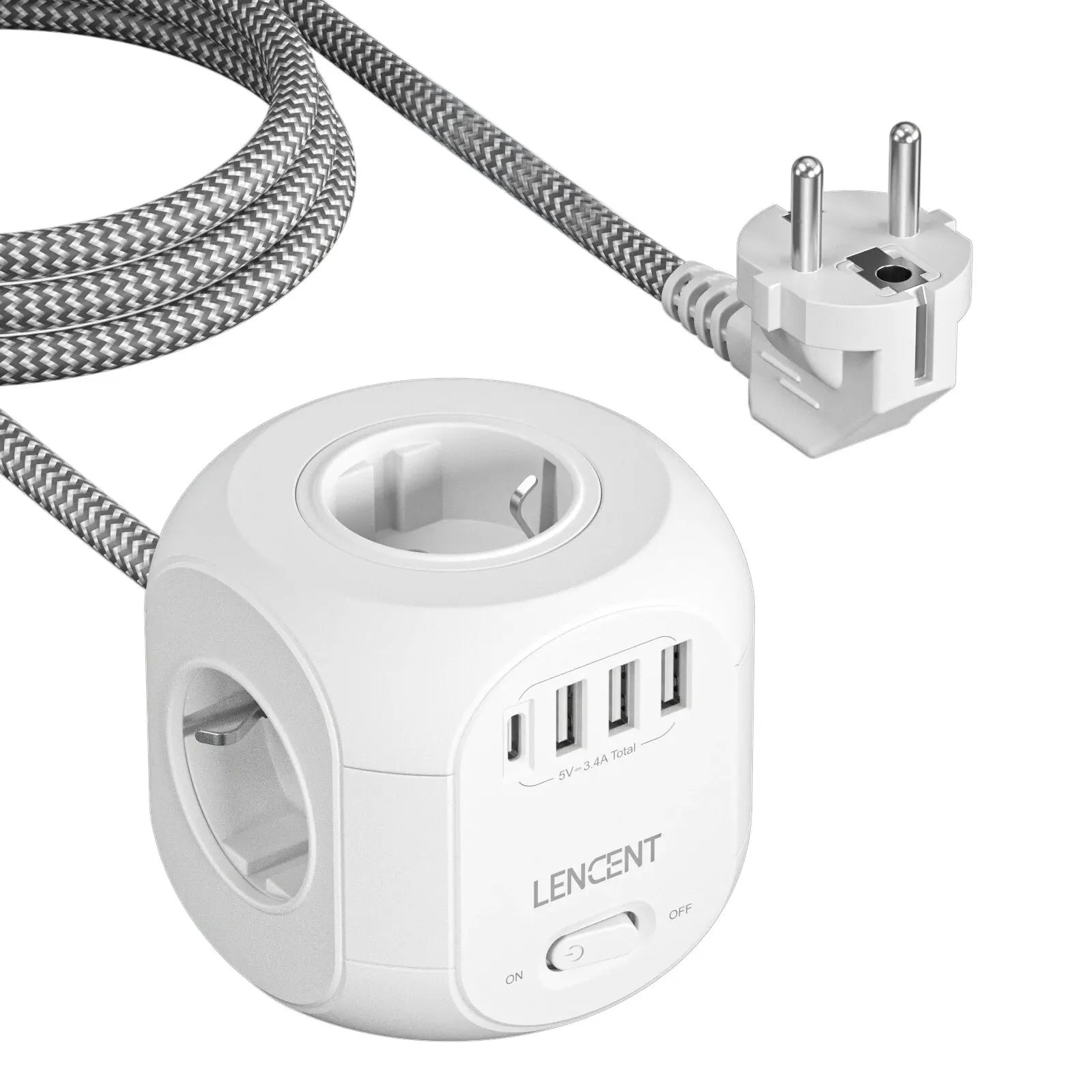 Premium Steckdosenleiste: 4 AC-Steckdosen, 3 USB-Anschlüsse, 1 Typ-C Mehrfachsteckdose mit 2m/3m geflochtenem Kabel und Schalter für Zuhause