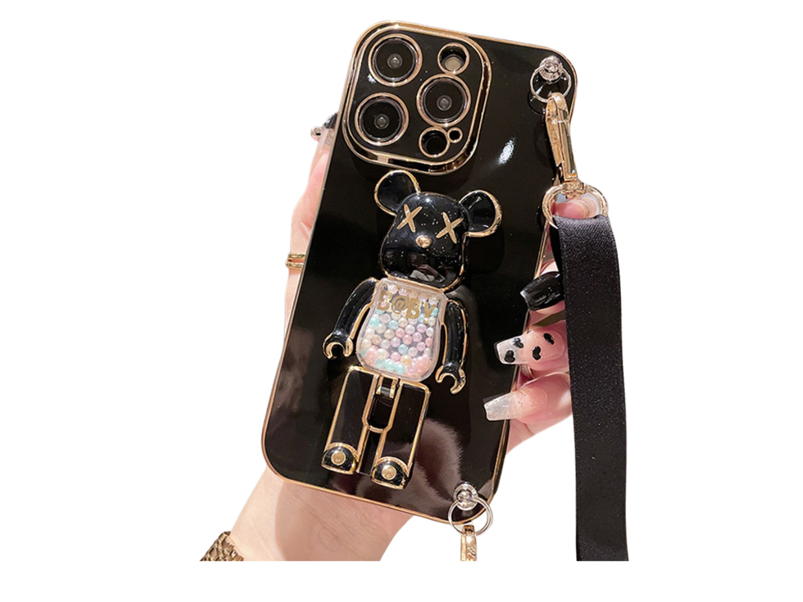 Luxus 3D Bärenhalterung Crossbody Armband mit Riemen & Lanyard iPhone Hülle | MagSafe Case mit Rundumschutz und Kameralinsenschutzabdeckung für Apple iPhone 17/17 Air, 16/16e, 15, 14, 13 Pro Max Plus Cover | Panzertasche Handyhülle | Premium Schutzhülle