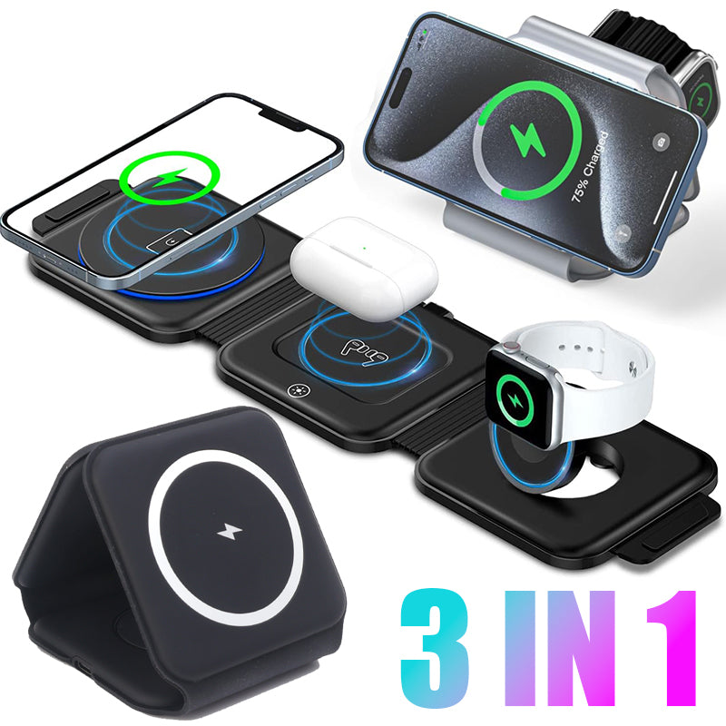 3-in-1 Foldable Fast Charging Station, Double Magnetic 15W Wireless Charger MagSafe | Portable Docking Station for Smartphones, Apple iPhone, Samsung, iOS & Android, AirPods, Watch