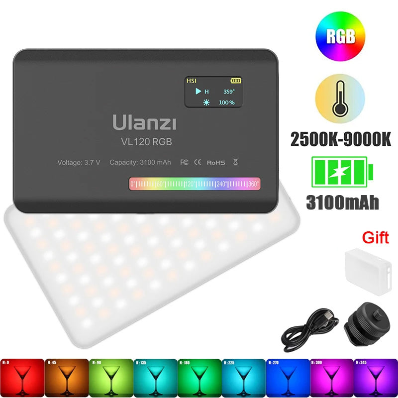 Luxus VL120 RGB LED Videolicht für Kamera, Apple iPhone 15/14/13/12/11 Pro Max Plus Mini, Samsung, Android, Vollfarbig,