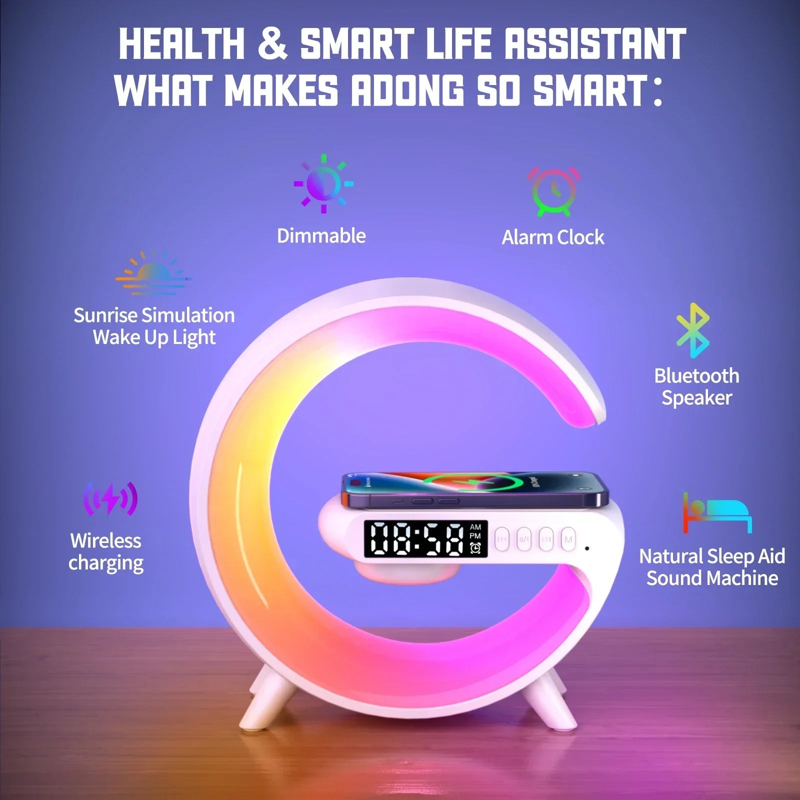 Universal RGB Charging Station LED Wireless Lamp Charger Alarm Clock Bluetooth Speaker | Charging Dock USB C Smartphones, Apple iPhone, Samsung, iOS & Android