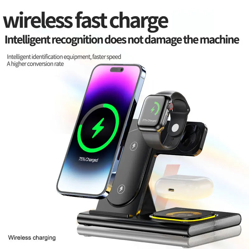 3 in 1 Wireless Fast Charging Station 30W Foldable Charger LED Stand: Charging Device MagSafe Docking Station for Smartphones, Apple iPhone, Samsung, iOS & Android Watch, AirPods