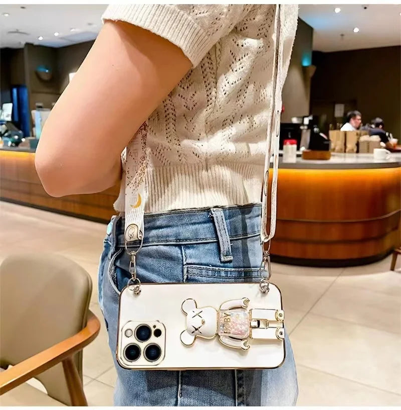 Luxus 3D Bärenhalterung Crossbody Armband mit Riemen & Lanyard iPhone Hülle | MagSafe Case mit Rundumschutz und Kameralinsenschutzabdeckung für Apple iPhone 17/17 Air, 16/16e, 15, 14, 13 Pro Max Plus Cover | Panzertasche Handyhülle | Premium Schutzhülle