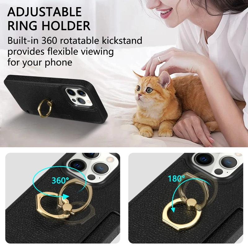 Premium Leather Wallet Case with Card Slot, Ring Holder, and Stand for iPhone | MagSafe Case with Full Protection and Camera Lens Cover for Apple iPhone 16/16e, 15, 14, 13, 12 Pro Max, Pro, Plus & Mini | Heavy Duty, Premium Wallet & Protective Case