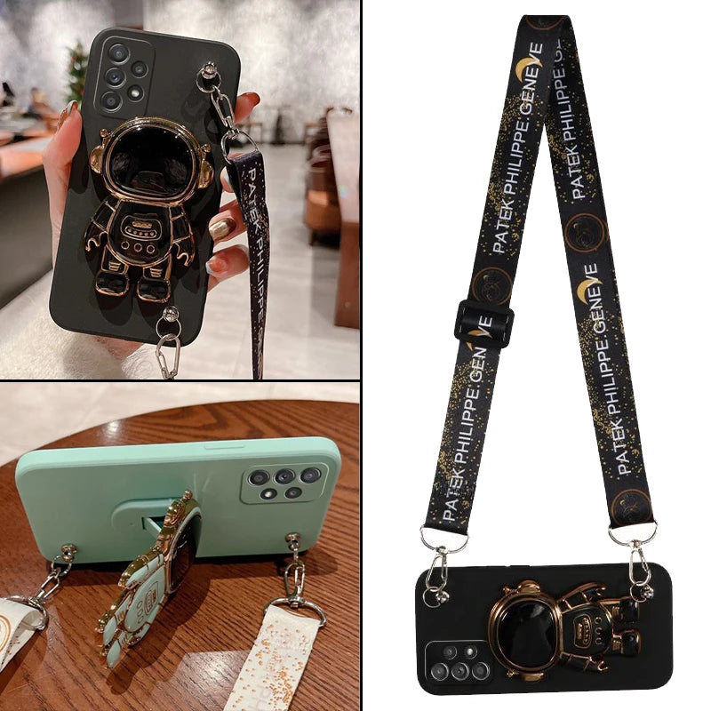 Luxus Crossbody-Lanyard Astronauten-Telefonhalterung und Ständer iPhone Hülle | MagSafe Case mit Rundumschutz und Kameralinsenschutzabdeckung für Apple iPhone 17/17 Air, 16/16e, 15, 14, 13 Pro Max Plus Cover | Panzertasche Handyhülle | Premium Schutzhülle