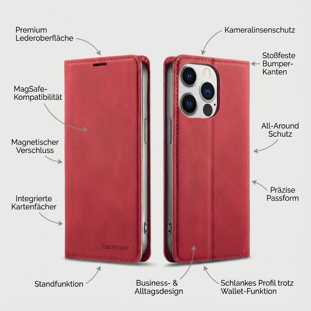 Geldbörse Flip Leder iPhone Hülle mit Portmonee Funktion, Kartensteckplatz, Magnetverschluss, Kartenfach & Standfunktion | Luxus Business Klapp Wallet Case Stoßfestes Cover mit Kameraschutz | Stoßfänger Sturzsichere Handyschutzhülle
