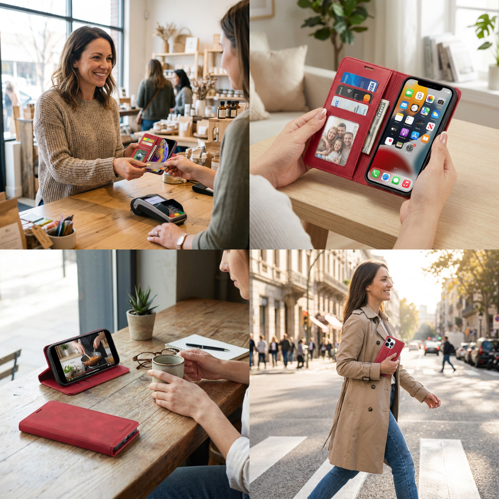 Geldbörse Flip Leder iPhone Hülle mit Portmonee Funktion, Kartensteckplatz, Magnetverschluss, Kartenfach & Standfunktion | Luxus Business Klapp Wallet Case Stoßfestes Cover mit Kameraschutz | Stoßfänger Sturzsichere Handyschutzhülle