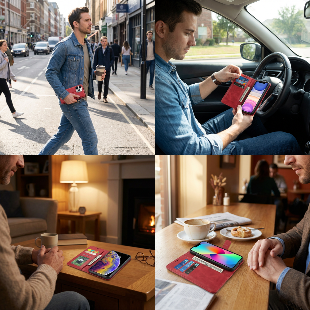 Geldbörse Flip Leder iPhone Hülle mit Portmonee Funktion, Kartensteckplatz, Magnetverschluss, Kartenfach & Standfunktion | Luxus Business Klapp Wallet Case Stoßfestes Cover mit Kameraschutz | Stoßfänger Sturzsichere Handyschutzhülle