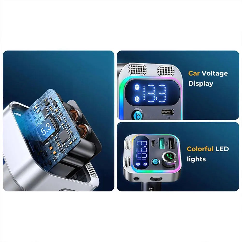 Premium Bluetooth 5.2 FM-Sender Auto-USB Ladegerät, FM/Aux Bluetooth-Adapter, Bass-Boost, 3-Port Car USB Ladestation Smartphones, Apple iPhone, Samsung, iOS & Android