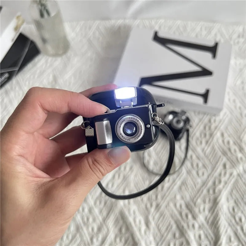 Premium Retro Camera-Design Headphone Case with Light Flash for Apple AirPods 4/3/2/1 and Pro Series 2024/2022/2021/2019/2016 & Pro: Soft Silicone Protective Case with Strap - Stylish and Protective Case for 3rd Generation AirPods