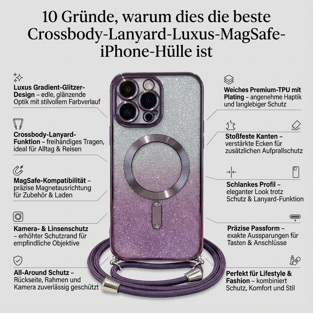 Luxus Crossbody Lanyard Gradient Glitzer Magnetgehäuse iPhone Hülle | MagSafe Case mit Kameralinsenschutzabdeckung für Apple iPhone 17/17 Air/16/16e/15/14/13 Pro Max Plus Cover | Panzertasche, Weiche TPU Plating Handyhülle | Premium Schutzhülle