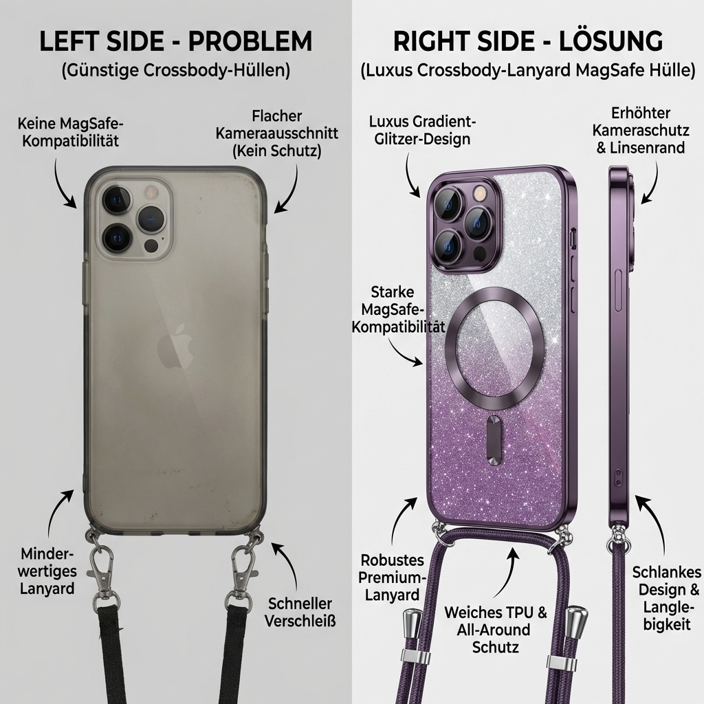 Luxus Crossbody Lanyard Gradient Glitzer Magnetgehäuse iPhone Hülle | MagSafe Case mit Kameralinsenschutzabdeckung für Apple iPhone 17/17 Air/16/16e/15/14/13 Pro Max Plus Cover | Panzertasche, Weiche TPU Plating Handyhülle | Premium Schutzhülle