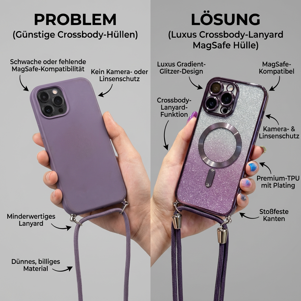 Luxus Crossbody Lanyard Gradient Glitzer Magnetgehäuse iPhone Hülle | MagSafe Case mit Kameralinsenschutzabdeckung für Apple iPhone 17/17 Air/16/16e/15/14/13 Pro Max Plus Cover | Panzertasche, Weiche TPU Plating Handyhülle | Premium Schutzhülle