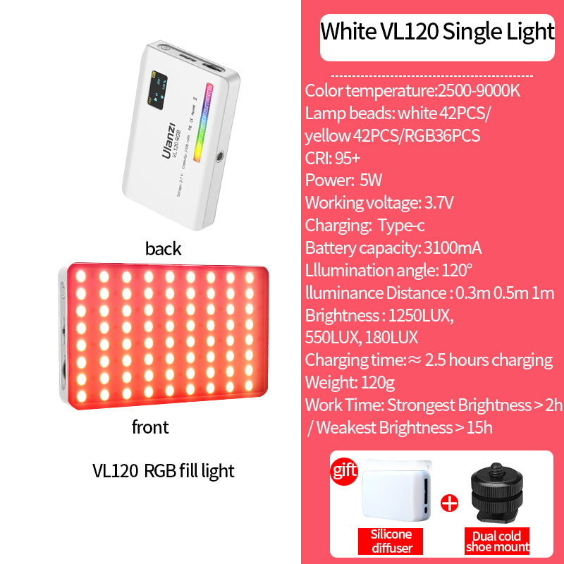 Luxus VL120 RGB LED Videolicht für Kamera, Apple iPhone 15/14/13/12/11 Pro Max Plus Mini, Samsung, Android, Vollfarbig,