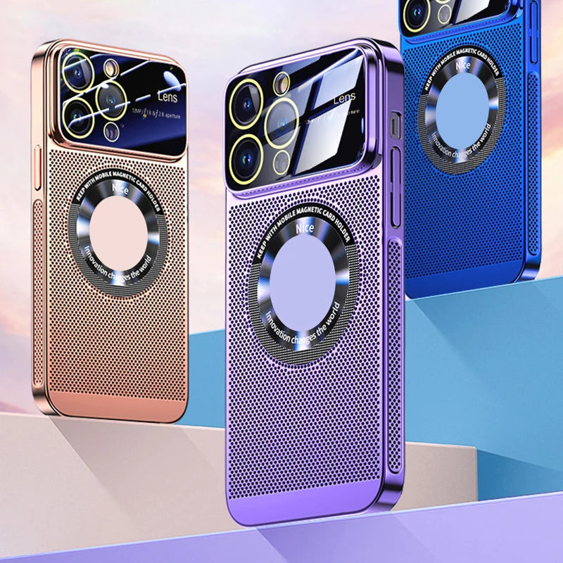 Luxus wärmeableitendes Magnetgehäuse iPhone-Hülle | MagSafe Case, galvanisiertem Metallrahmen, vergrößernder Glaslinse, Kameraschutzabdeckung für Apple iPhone 17/17 Air, 16/16e, 15, 14, 13 Pro Max Plus Cover | Panzertasche, hochwertige Handyhülle