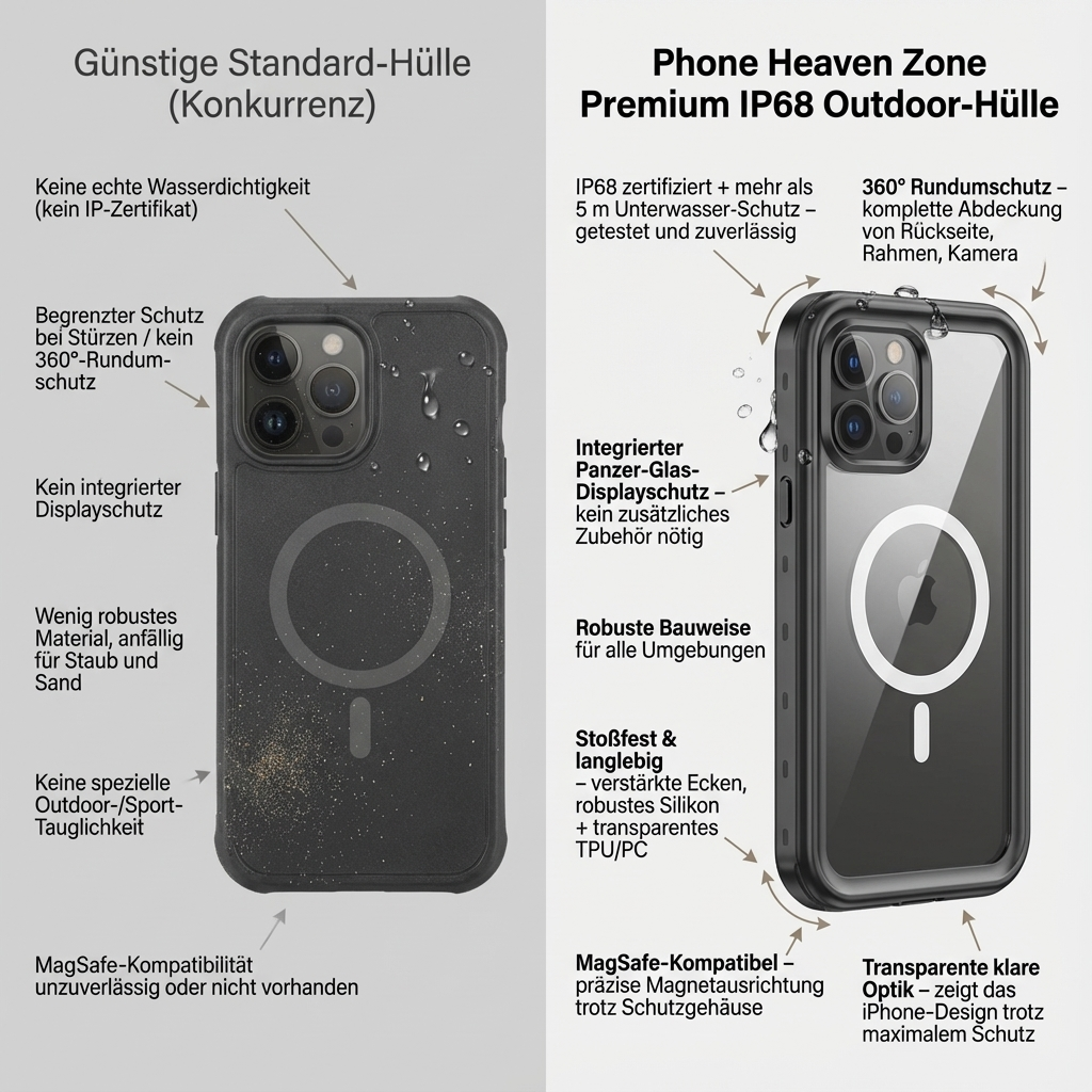 Militärstandard Wasserdichte IP68 iPhone Hülle mit MagSafe: Für Tauchen, Outdoor-Sport & Baustellen | Full Case Armor 360 Grad mit Kamera- und Bildschirmschutz | Stoßfest & Langlebig | Premium Sturzsichere Transparente Panzer-Handyschutzhülle Cover