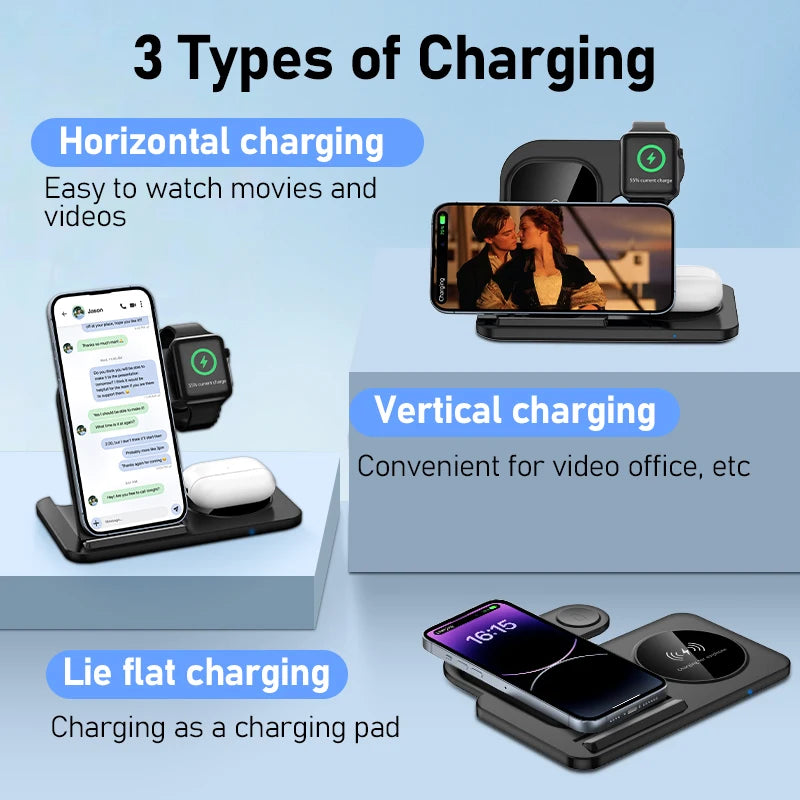 3 in 1 Wireless Fast Charging Station 30W Foldable Charger LED Stand: Charging Device MagSafe Docking Station for Smartphones, Apple iPhone, Samsung, iOS & Android Watch, AirPods