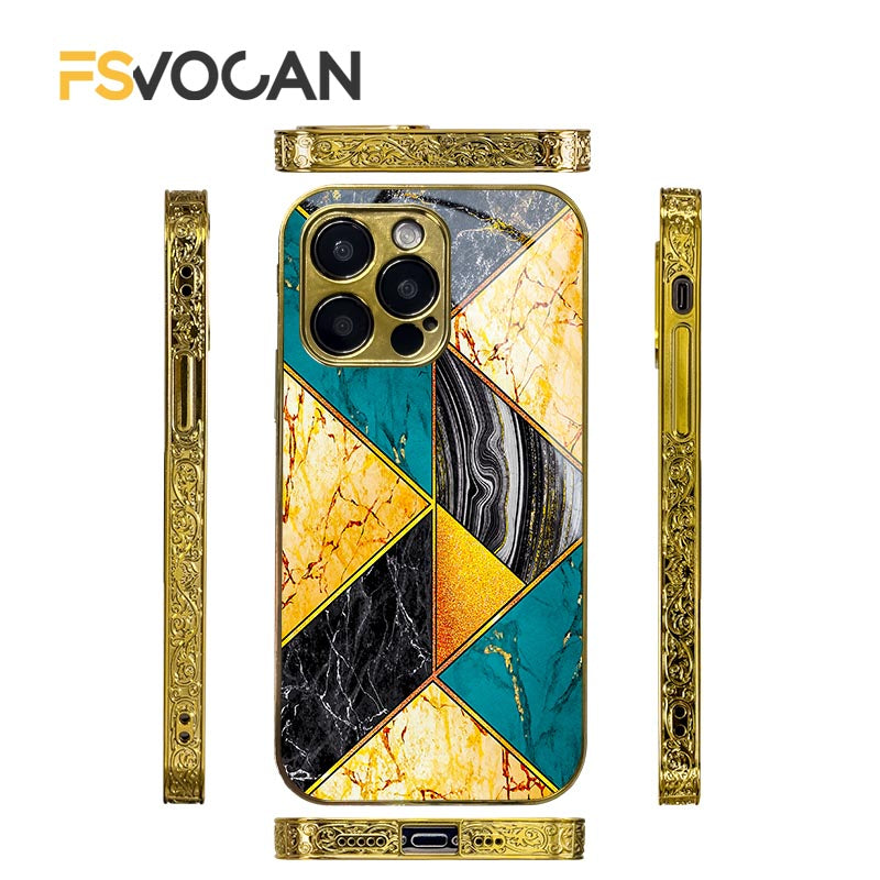 Premium Goldenes Kunst Marmor Design Stoßfeste Gold Hülle | MagSafe, Abdeckung iPhone 15/14/13/12/11 Pro Max | Grünes Blau