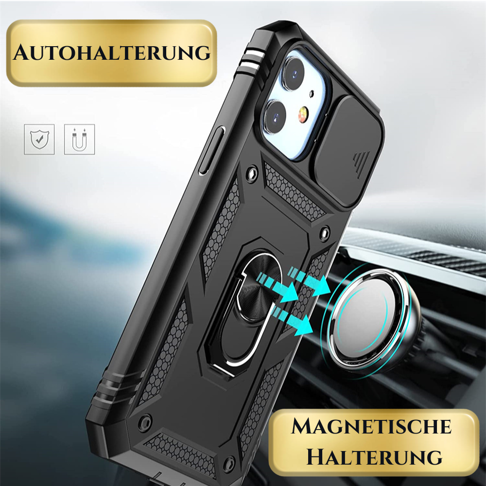 Premium Robustes Militärpanzer Apple iPhone Hülle | Militärqualität, 360° Schutz, Kamera- und Bildschirmschutz, Drehbarer Ständer, Kartenfach & MagSafe, Stoßfeste Abdeckung | Panzerhülle Outdoor & Baustellen | Armor Handyschutzhülle, Sturzsicheres Cover