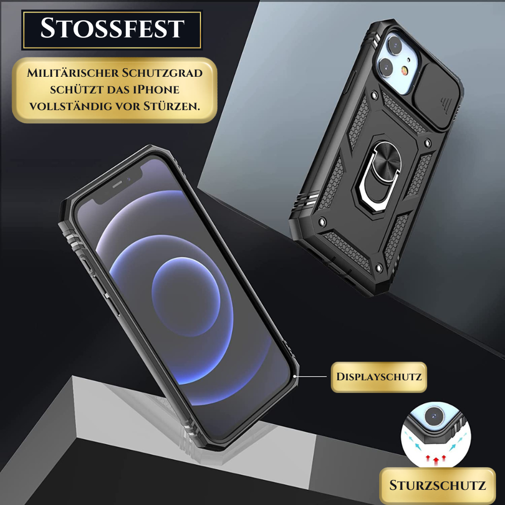 Premium Robustes Militärpanzer Apple iPhone Hülle | Militärqualität, 360° Schutz, Kamera- und Bildschirmschutz, Drehbarer Ständer, Kartenfach & MagSafe, Stoßfeste Abdeckung | Panzerhülle Outdoor & Baustellen | Armor Handyschutzhülle, Sturzsicheres Cover