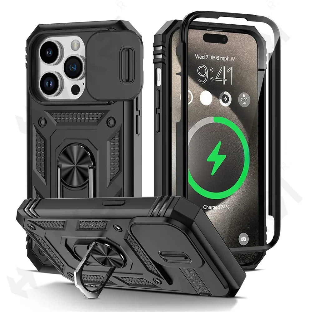 Premium Robustes Militärpanzer Apple iPhone Hülle | Militärqualität, 360° Schutz, Kamera- und Bildschirmschutz, Drehbarer Ständer, Kartenfach & MagSafe, Stoßfeste Abdeckung | Panzerhülle Outdoor & Baustellen | Armor Handyschutzhülle, Sturzsicheres Cover