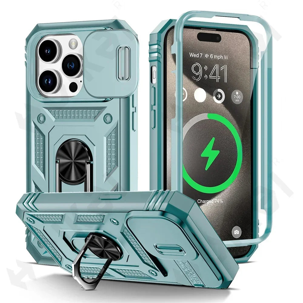 Premium Robustes Militärpanzer Apple iPhone Hülle | Militärqualität, 360° Schutz, Kamera- und Bildschirmschutz, Drehbarer Ständer, Kartenfach & MagSafe, Stoßfeste Abdeckung | Panzerhülle Outdoor & Baustellen | Armor Handyschutzhülle, Sturzsicheres Cover