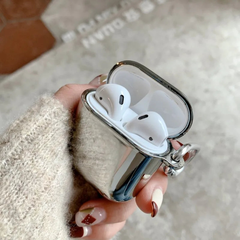 Premium Galvanisierte Hülle für Apple AirPods4/3/2/1 and Pro Series 2024/2022/2021/2019/2016 | MagSafe Case Schutzhülle – Silber-Metall Cover mit Schlüsselanhänger für AirPods
