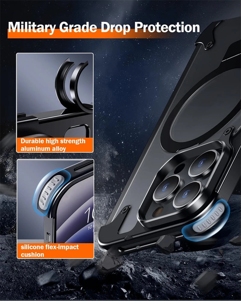 Premium Ultra-Thin Magnetic Frameless Matte Metal Aluminum Stand iPhone Case | MagSafe Case with 360-Degree Protection & Camera Lens Cover for Apple iPhone 16/15/14/13/12 Pro Max, Pro, Plus, e & Mini Cover | Shockproof Armor Case & Bumper Protective Cover