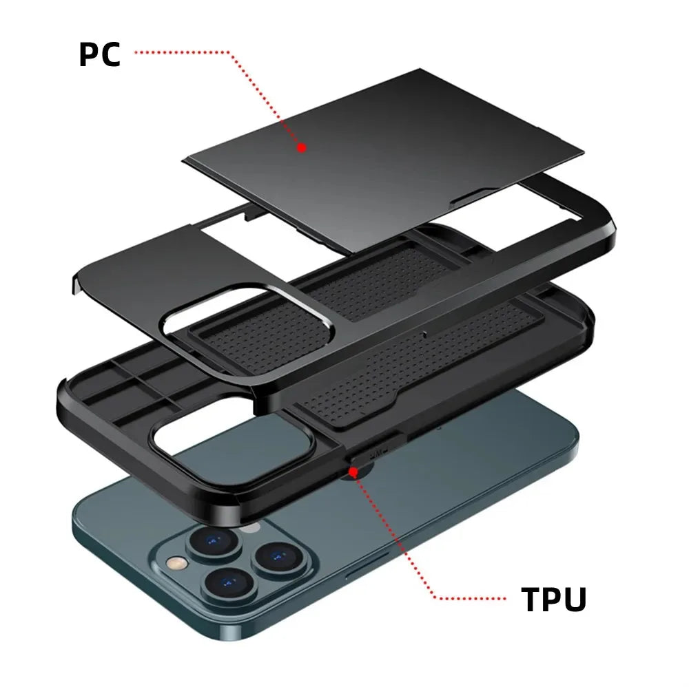 Hochwertiges Brieftasche, Karten-Steckplatz, Kreditkartenhalter, Slider Dual Layer iPhone Hülle | MagSafe Case, Kameralinsenschutzabdeckung: Apple iPhone 17/17 Air, 16/16e, 15, 14, 13 Pro, Max, Pro, Plus Cover | Panzertasche Wallet Schutzhülle