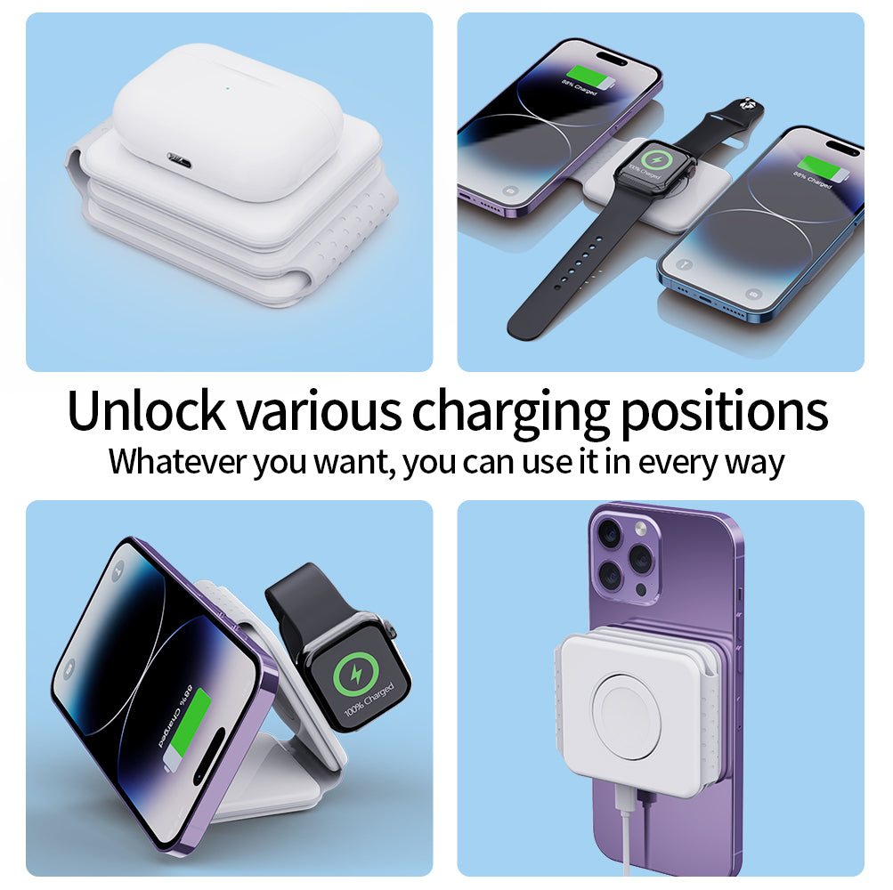 3-in-1 Foldable Fast Charging Station, Double Magnetic 15W Wireless Charger MagSafe | Portable Docking Station for Smartphones, Apple iPhone, Samsung, iOS & Android, AirPods, Watch