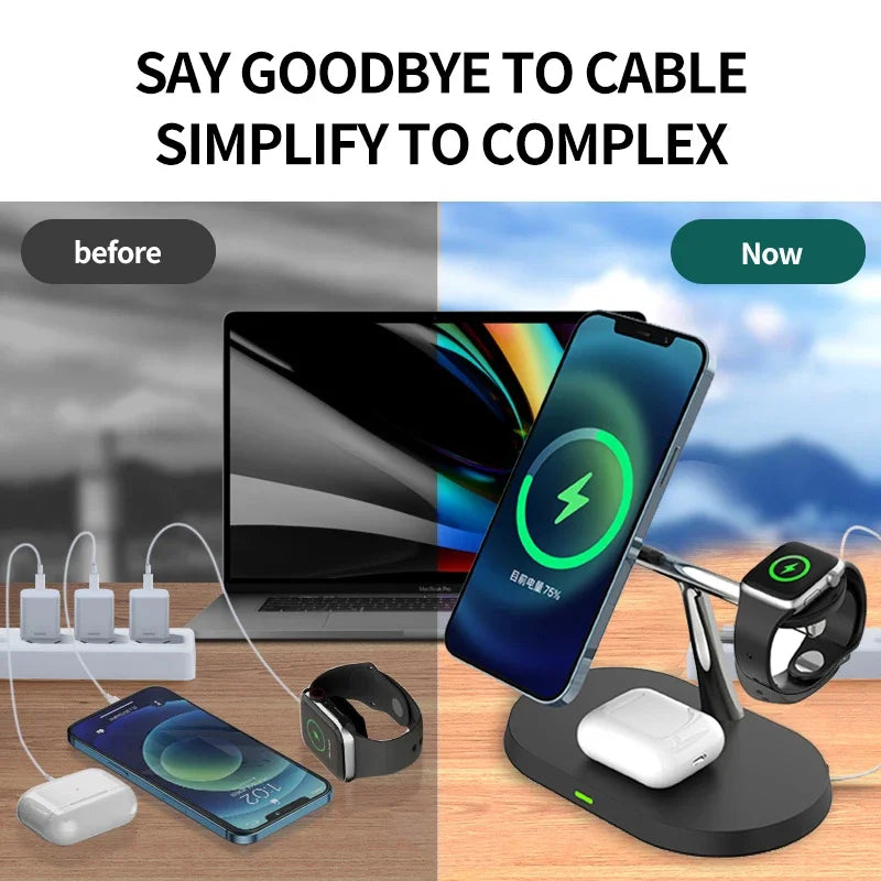3 in 1 Wireless Fast Magnetic MagSafe Charging Station | Wireless Charging Station Fast Docking Charger for Smartphones, Apple iPhone, Samsung, iOS & Android, Watch & AirPods