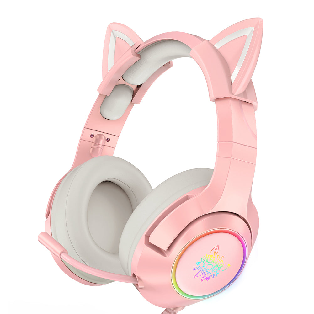 Hochwertiges Onikuma X15 Pro Over-Ear Gaming-Headset mit Kabel | Geräuschunterdrückung, Rosa Katzenohren, RGB-Licht und