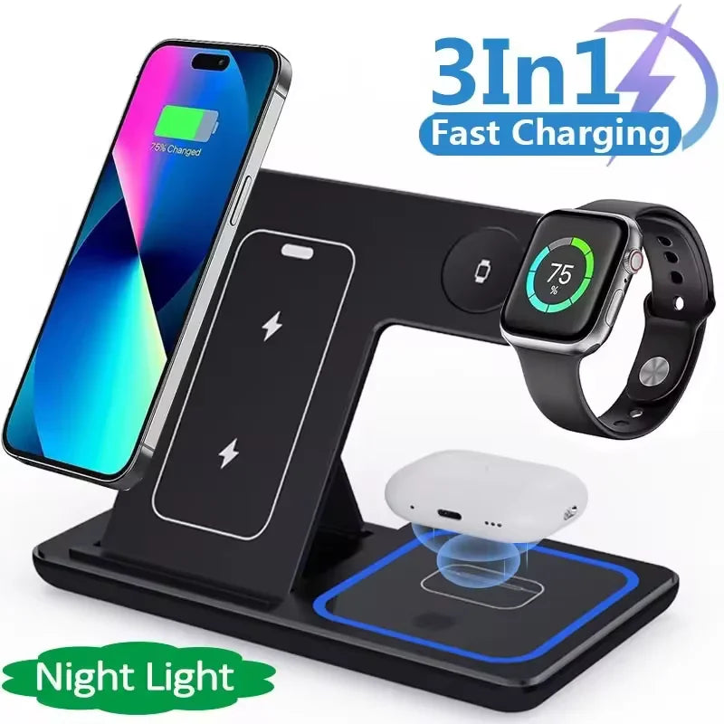 3 in 1 Wireless Fast Charging Station 30W Foldable Charger LED Stand: Charging Device MagSafe Docking Station for Smartphones, Apple iPhone, Samsung, iOS & Android Watch, AirPods