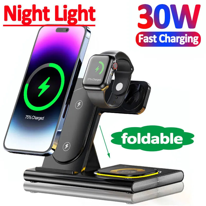 3 in 1 Wireless Fast Charging Station 30W Foldable Charger LED Stand: Charging Device MagSafe Docking Station for Smartphones, Apple iPhone, Samsung, iOS & Android Watch, AirPods