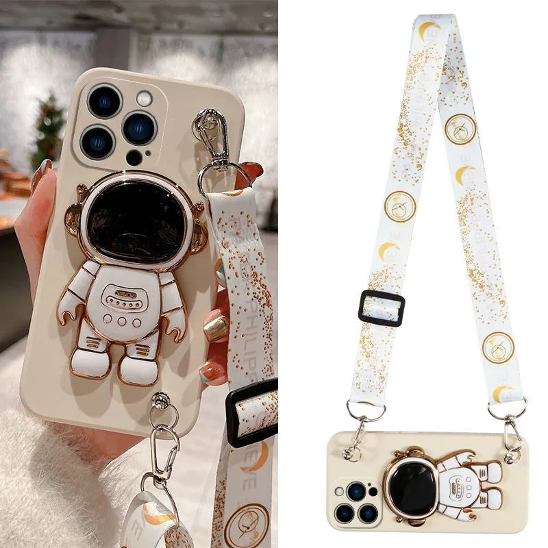 Luxus Crossbody-Lanyard Astronauten-Telefonhalterung und Ständer iPhone Hülle | MagSafe Case mit Rundumschutz und Kameralinsenschutzabdeckung für Apple iPhone 15/14/13/12 Pro Max Plus Cover | Panzertasche Handyhülle | Premium Schutzhülle - Phone Heaven Zone