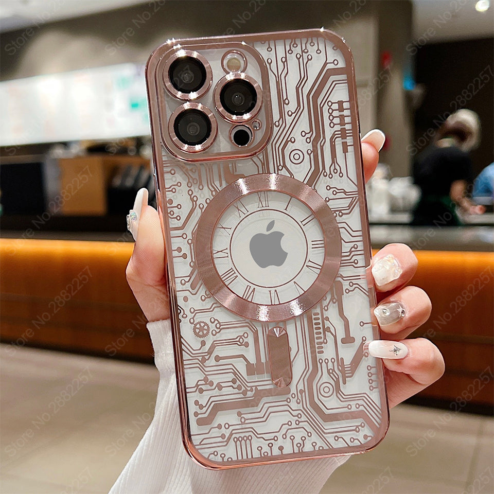 Premium Mechanical Watch Texture Design Magnetic MagSafe Transparent iPhone Case | 360-Degree Protection & Camera Lens Protection Case for Apple iPhone 16/15/14/13/12 Pro Max, Pro, Plus, e & Mini Cover | Shockproof Phone Case with Armor Shell Bumper Cover