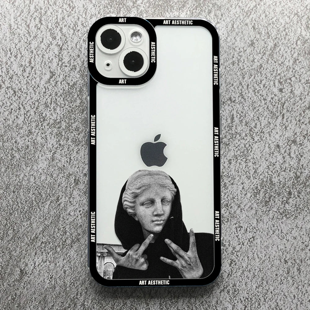 Premium Kunst Ästhetisches History Design: 'David & Mona Lisa' Klare iPhone-Hülle | MagSafe-Case Rundumschutz & Kameralinsenschutz für Apple iPhone 17/17 Air, 16/16e, 15, 14, 13 Pro Max Plus Cover | Stoßfeste Handyhülle Panzertasche Stoßstangenabdeckung