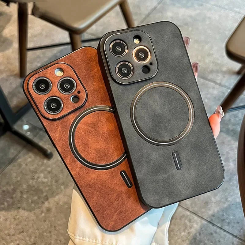 Hochwertige Leder MagSafe Case: Magnetische iPhone-Hülle | Stoßfestes Cover mit Kameraschutzabdeckung – Panzertasche für Apple iPhone 17/17 Air, 16/16e, 15, 14, 13 Pro Max Plus | Luxus Handyhülle