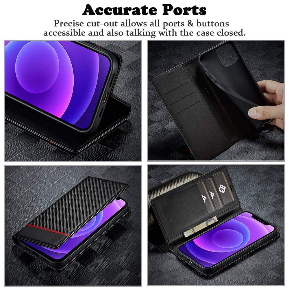 Premium Brieftasche aus Kohlefaser-Leder | Magnetisches Flip-Book-Cover iPhone Hülle | MagSafe Case mit Kartenhalter, Stand und Geldbörse, Portmonee Funktion für Apple iPhone 17/17 Air, 16/16e, 15, 14, 13, 12 Pro Max Plus Mini - Vielseitige Schutzhülle