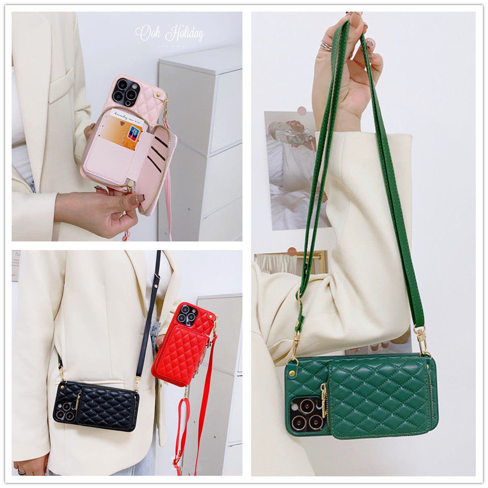 Luxus Leder Geldbörse Reißverschluss Crossbody Lanyard iPhone Hülle | MagSafe Case, Kameralinsenschutzabdeckung: Apple iPhone 17/17 Air, 16/16e, 15, 14, 13 Pro Max Plus Cover – Umhängeband, Schulterriemen, Kartenhalter Handyhülle | Premium Schutzhülle