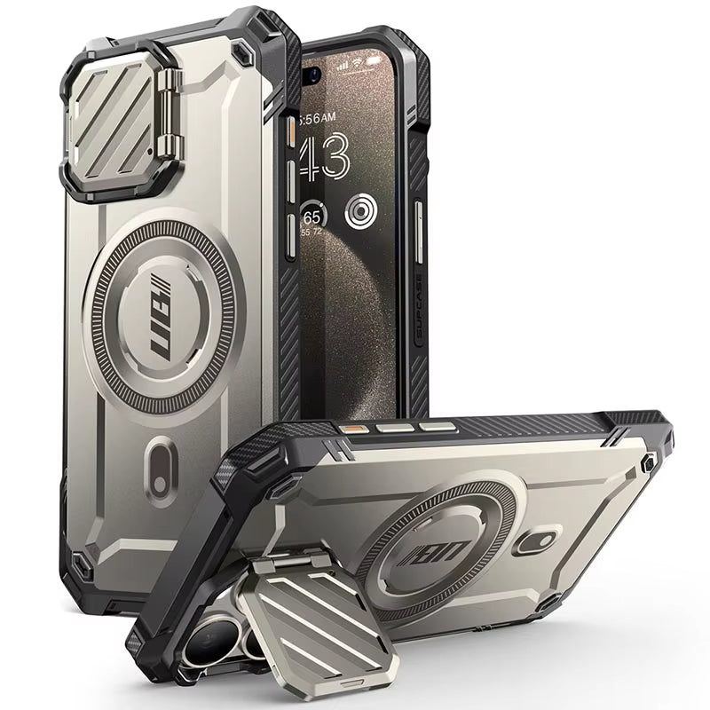 Hochwertiger Militärpanzer-Schutz mit Kameralinsenschutzabdeckung und integriertem Kameraständer iPhone-Hülle | MagSafe Case Rundum-Schutz & Kickstand für Apple iPhone 17/17 Air, 16/16e, 15, 14, 13 Pro Max Plus Cover | Panzertasche Handyhülle
