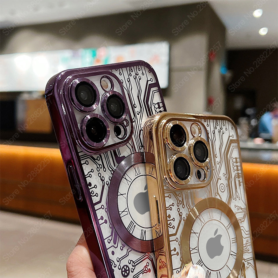 Premium Mechanical Watch Texture Design Magnetic MagSafe Transparent iPhone Case | 360-Degree Protection & Camera Lens Protection Case for Apple iPhone 16/15/14/13/12 Pro Max, Pro, Plus, e & Mini Cover | Shockproof Phone Case with Armor Shell Bumper Cover