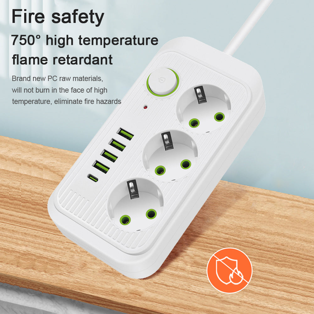 Steckdosenleiste 2 m Verlängerungskabel Multiprise 3 AC-Steckdosen mit 4 USB 1 Typ-C | Premium-Netzwerkfilter und Ladegerät