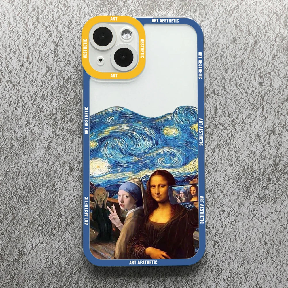 Premium Artistic Aesthetic History Design: 'David & Mona Lisa' Clear iPhone Case | MagSafe Case 360-Degree Prtection & Camera Lens Cover for Apple iPhone 16/15/14/13/12 Pro Max, Pro, Plus, e & Mini Cover | Shockproof Phone Case with Armor & Bumper