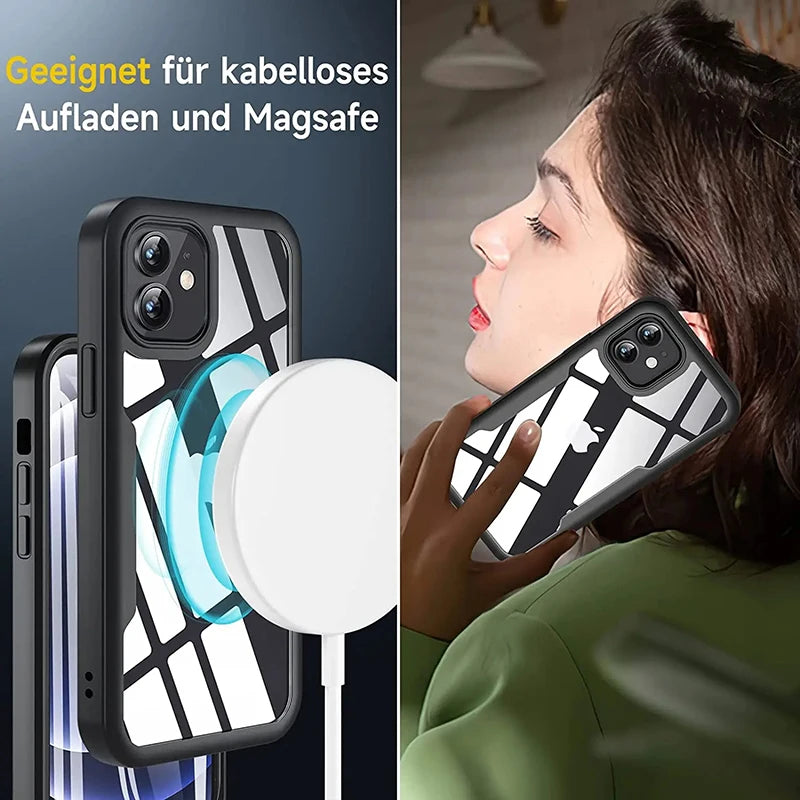 Luxuriöse rundum klare iPhone-Hülle | MagSafe Case mit Bildschirm- und Kameralinsenschutzabdeckung für Apple iPhone 17/17 Air, 16/16e, 15, 14, 13 Pro Max Plus Cover | Transparente Panzertasche, Stoßstangenabdeckung Handyhülle | Premium-Silikon-Schutzhülle