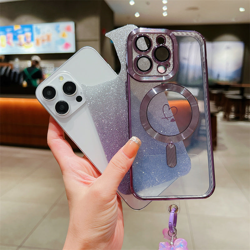 Luxus Crossbody Lanyard Gradient Glitzer Magnetgehäuse iPhone Hülle | MagSafe Case mit Kameralinsenschutzabdeckung für Apple iPhone 17/17 Air/16/16e/15/14/13 Pro Max Plus Cover | Panzertasche, Weiche TPU Plating Handyhülle | Premium Schutzhülle