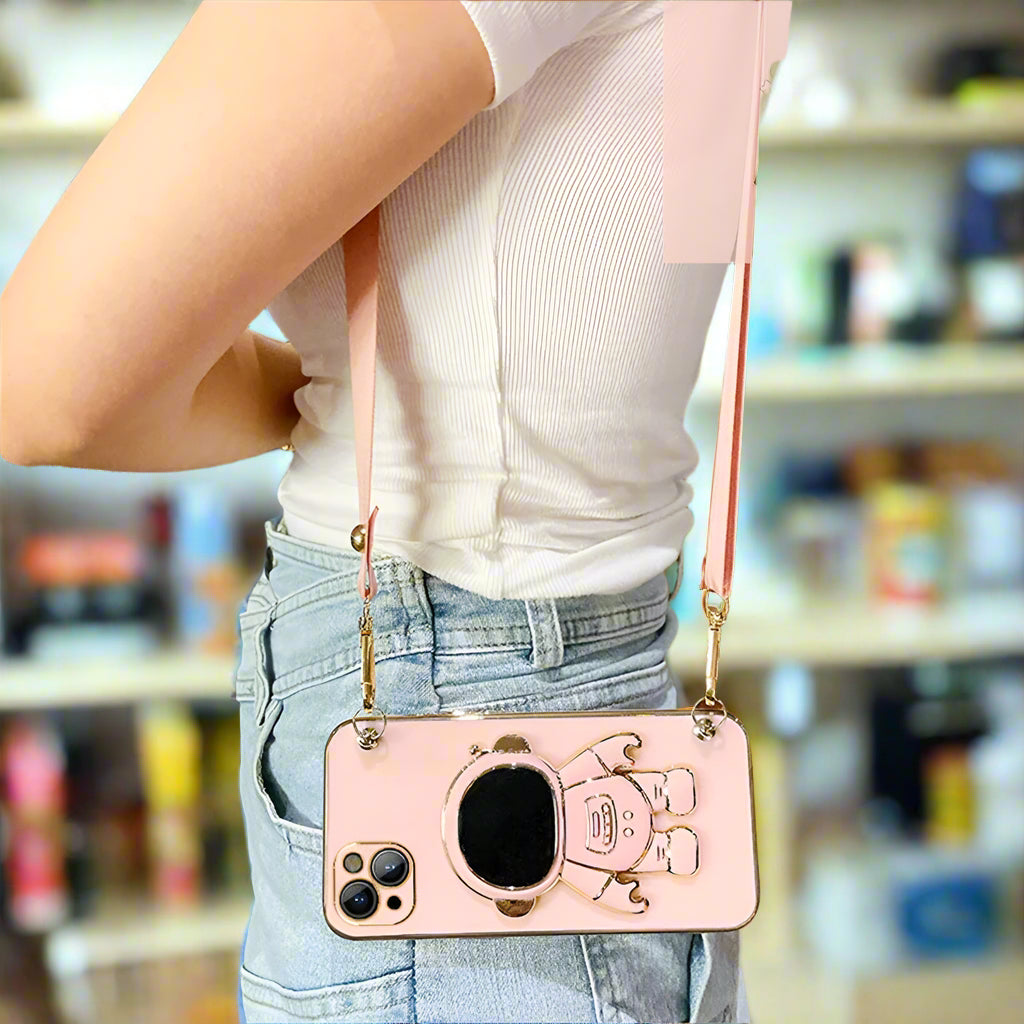 Luxus Crossbody-Lanyard Astronauten-Telefonhalterung und Ständer iPhone Hülle | MagSafe Case mit Rundumschutz und Kameralinsenschutzabdeckung für Apple iPhone 17/17 Air, 16/16e, 15, 14, 13 Pro Max Plus Cover | Panzertasche Handyhülle | Premium Schutzhülle